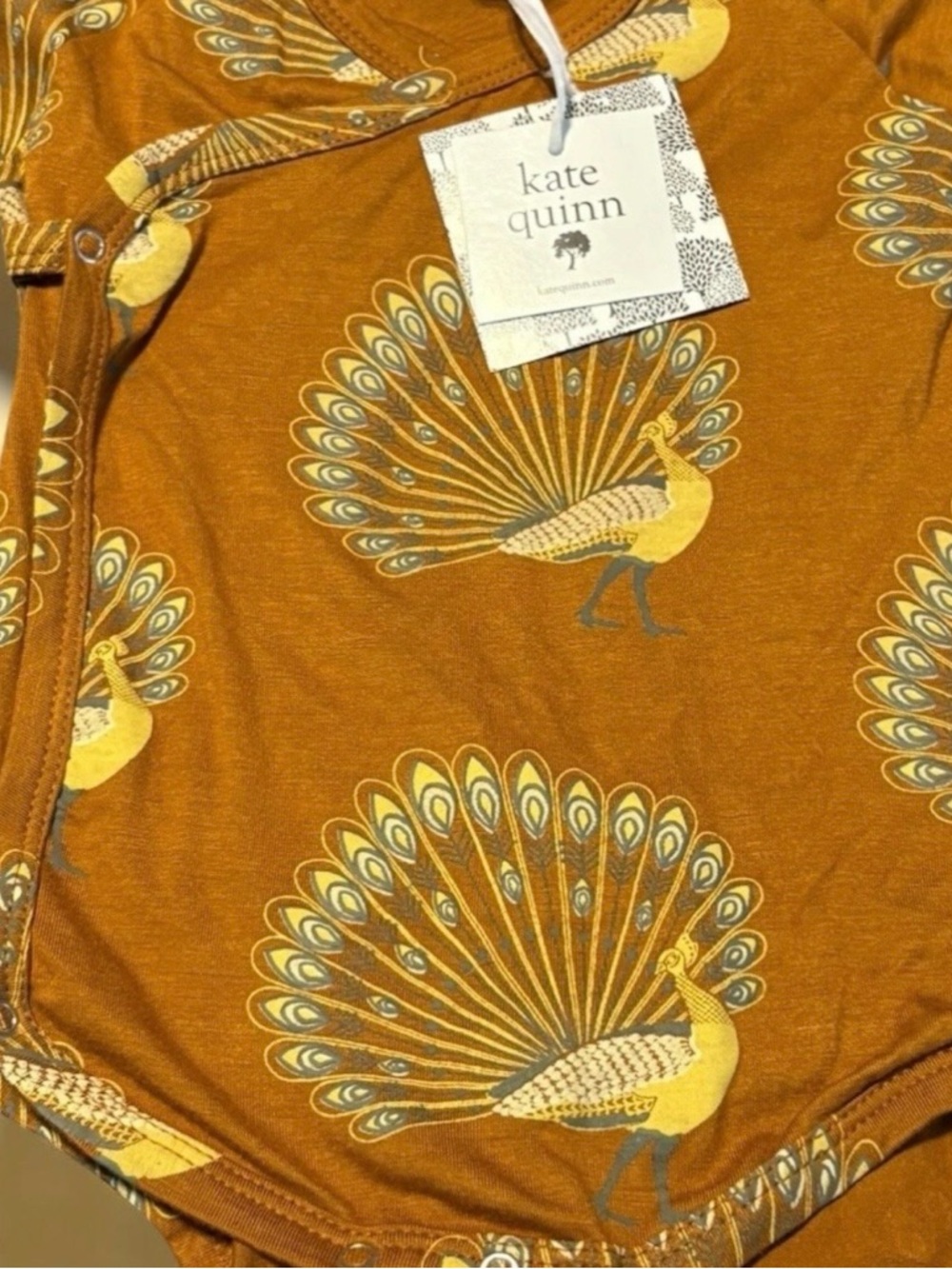 Kate Quinn-BROWN Peacock print-BAMBOO-Kimono/wrap bodysuit-S/S-NEW-12-18M